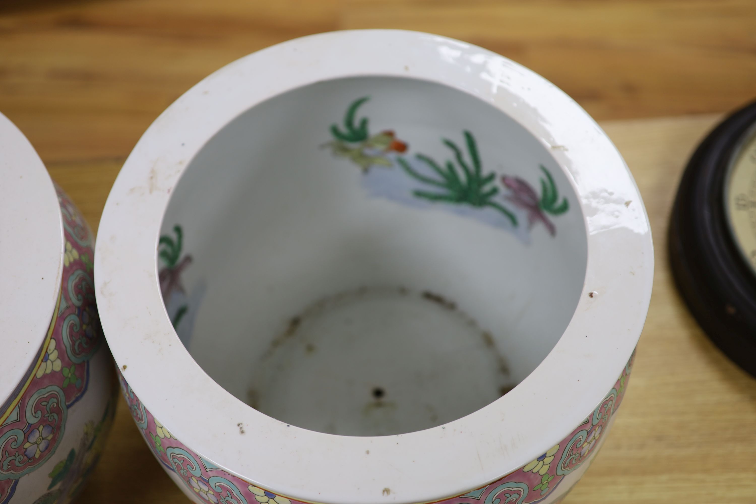 A pair of Chinese famille rose jardinieres, diameter 41cm